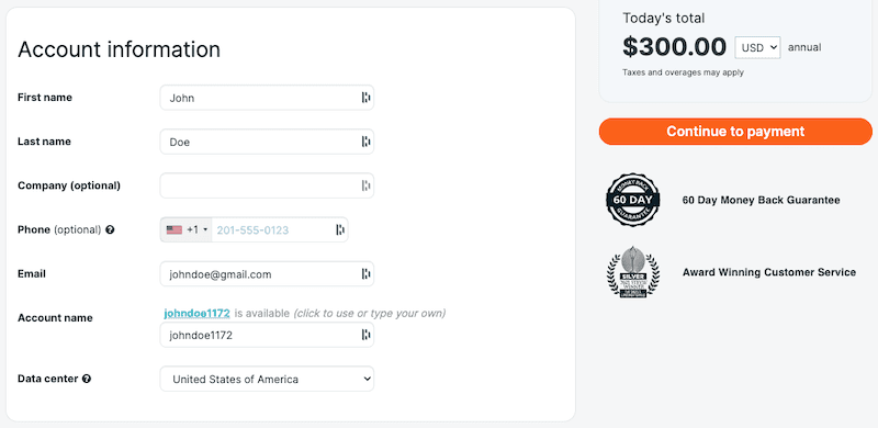 WP Engine Account Setup - Personal Information